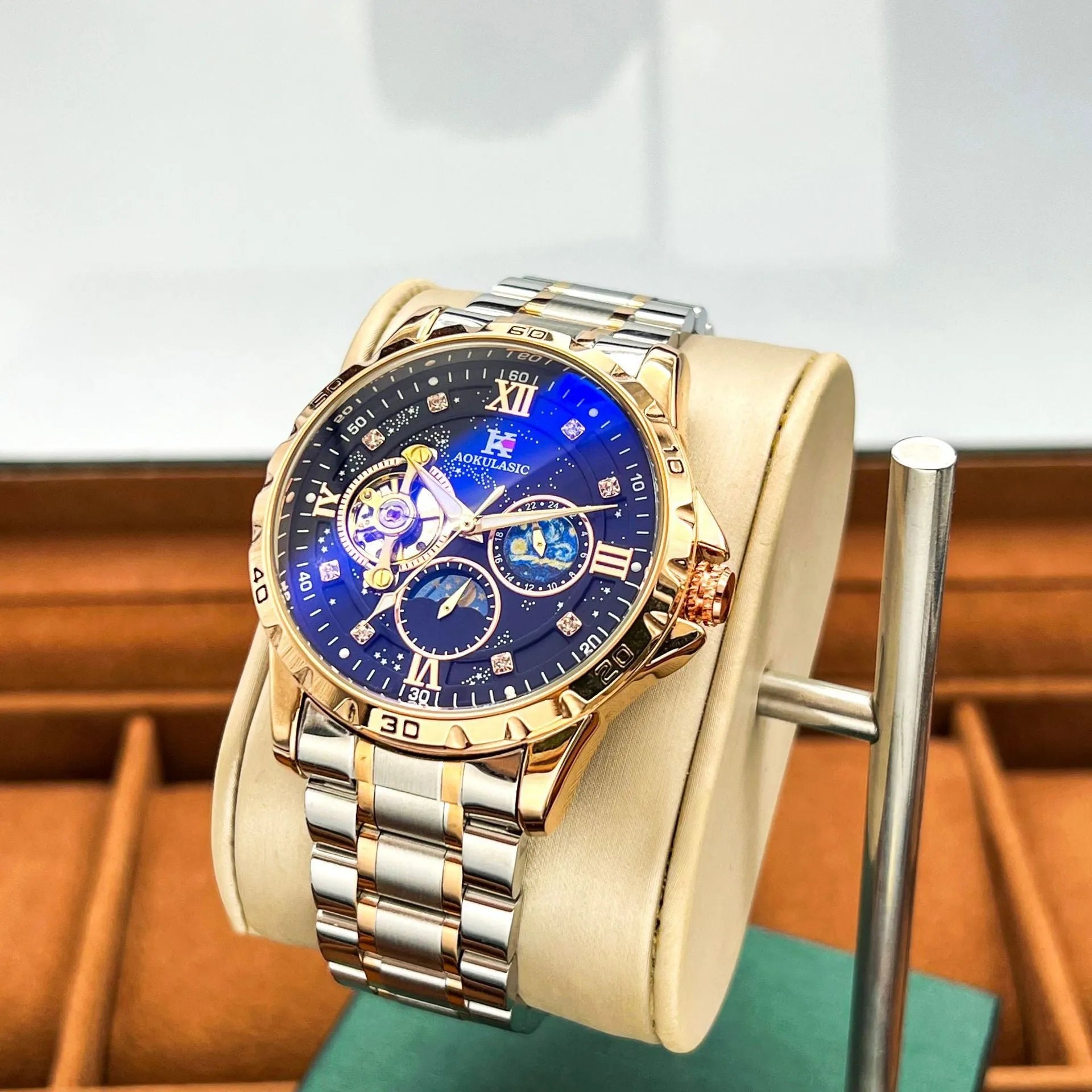 Automatic mechanical men's watch with rose gold case and black multifunctional dial
