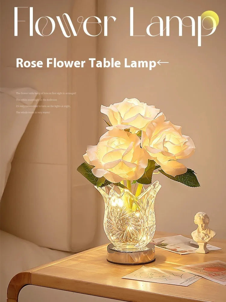 Modern crystal flowers design table lamp with touch dimmer control on wooden surface