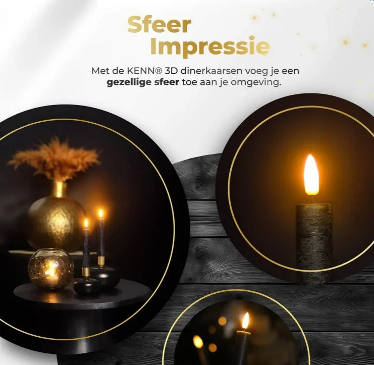 Black LED taper candle with realistic 3D flame effect, 18cm height