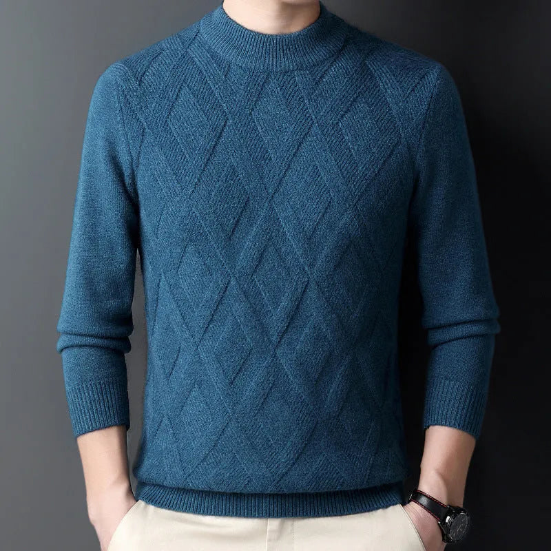 Men's thick grey diamond jacquard wool-blend pullover sweater on a hanger.
