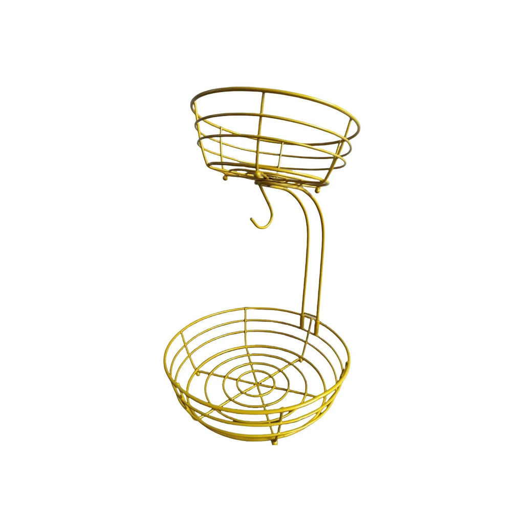 Black wrought iron double-layer fruit basket with open wire construction for air circulation