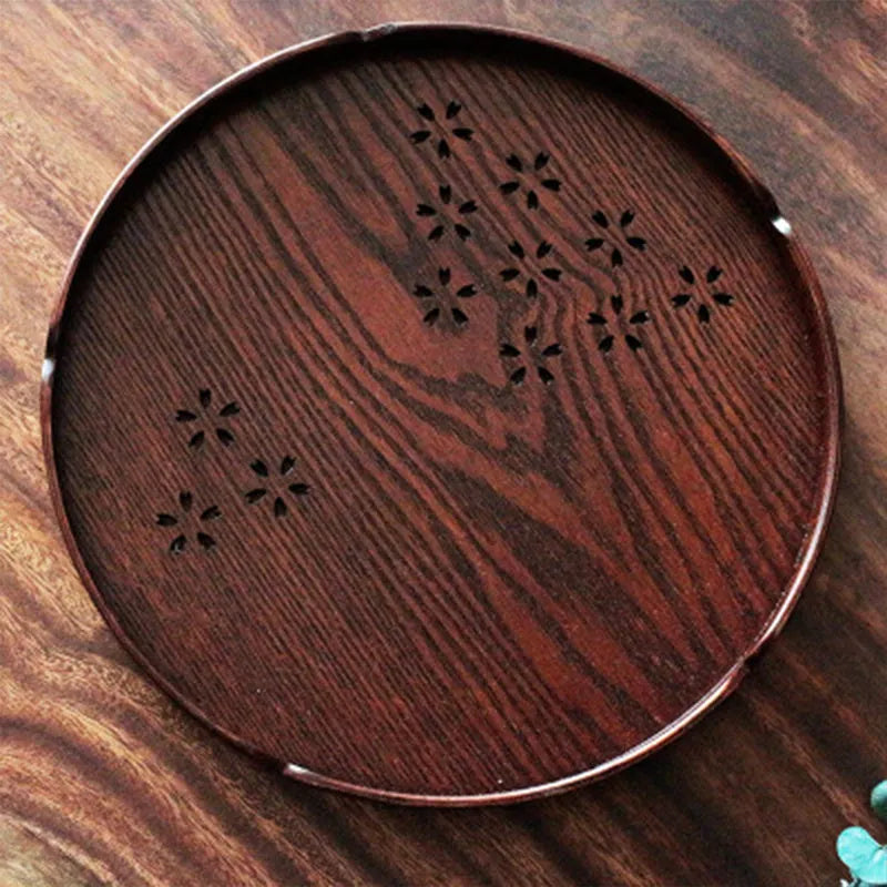 Wooden plate with hollow sakura cherry blossom pattern, 30 cm diameter shallow serving tray