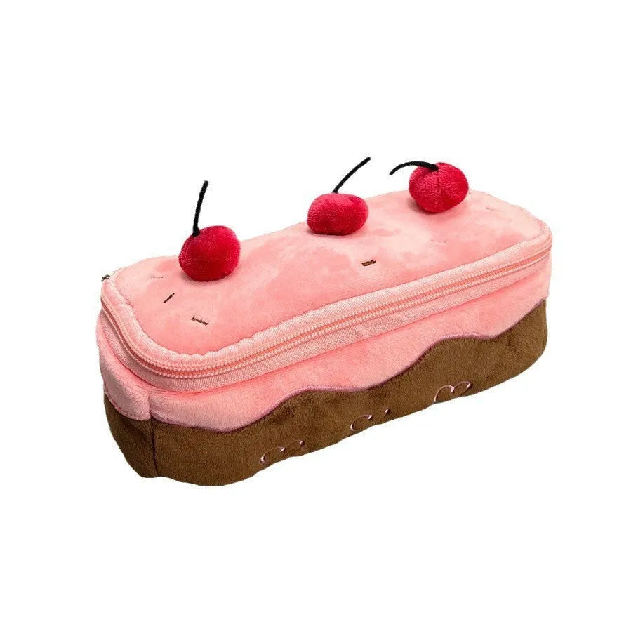 Cherry Cake themed plush velvet pencil case with zip closure