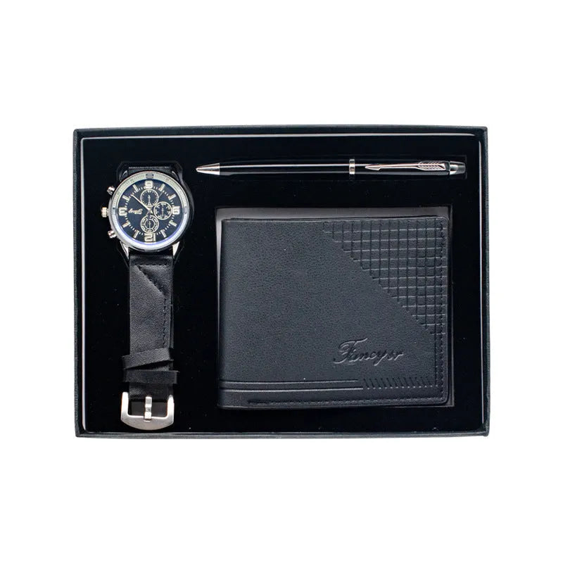 Creative holiday gift set containing wallet, pen and watch in brown or black colour options