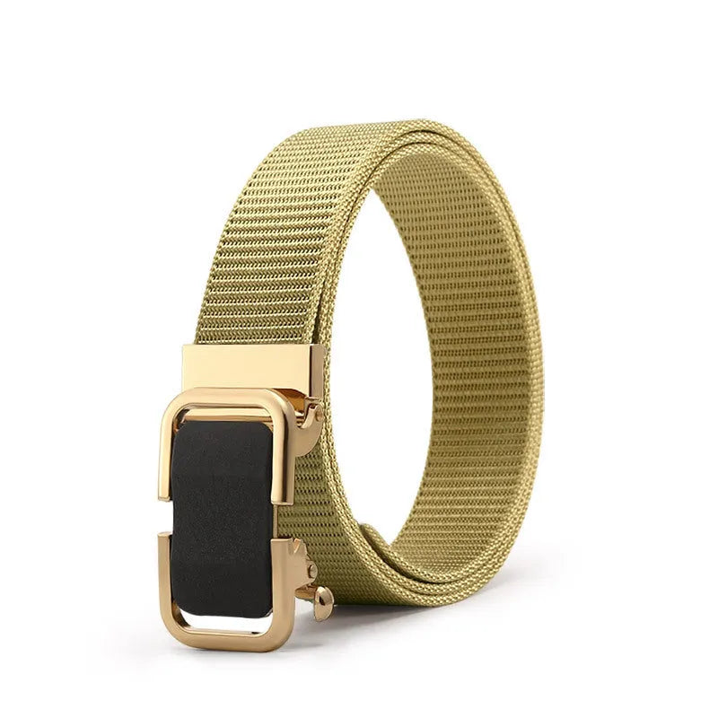 Men's toothless nylon canvas belt with alloy buckle showing adjustment mechanism