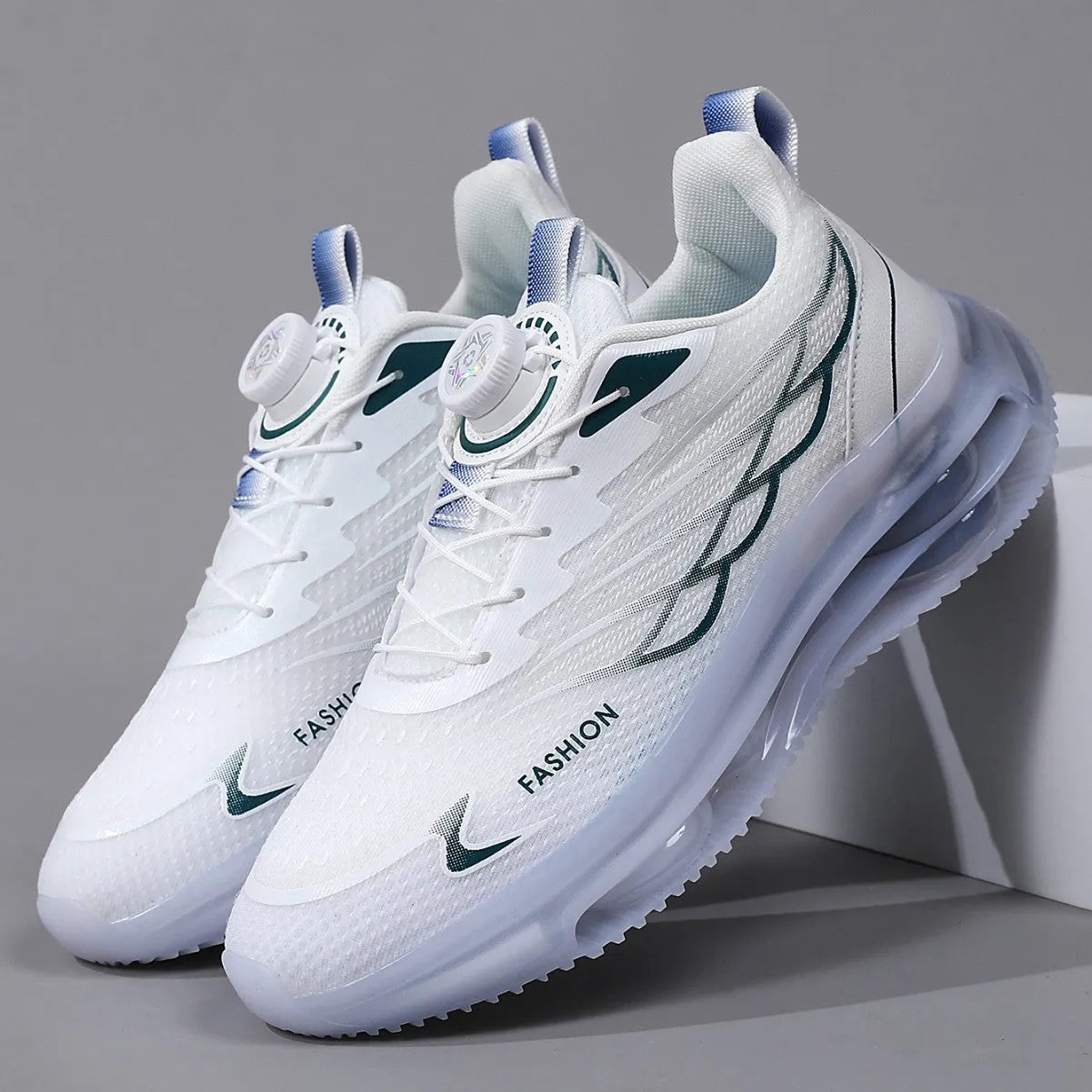 White rotating button casual sports shoes with mesh upper and rubber sole