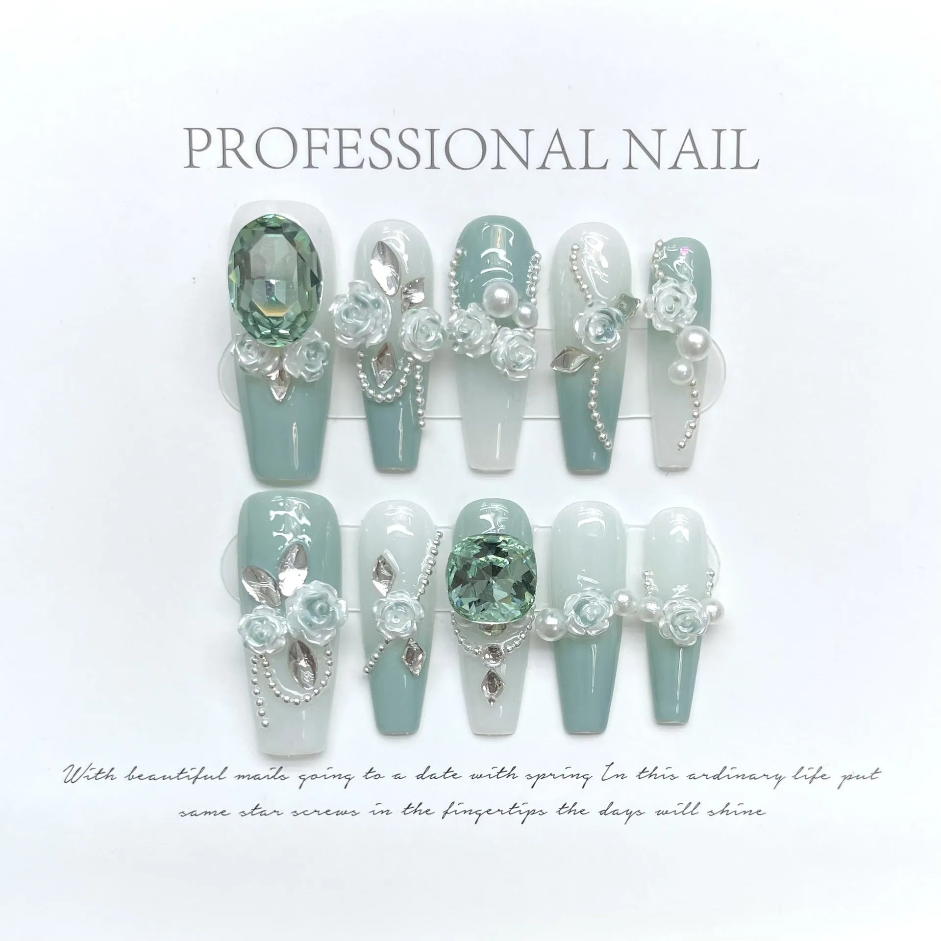 Wear Armor Green plastic nail armour with camellia gradient chain and diamond pattern