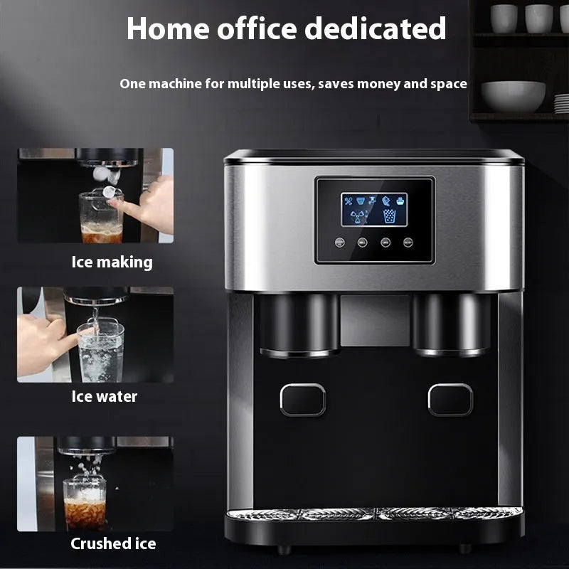 Black desktop ice maker with stainless steel interior showing ice crushing and water dispensing functions