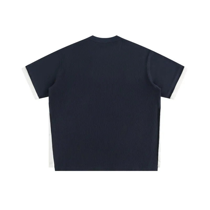 Loose fit waffle texture T-shirt with retro alphabet embroidery in navy blue colour