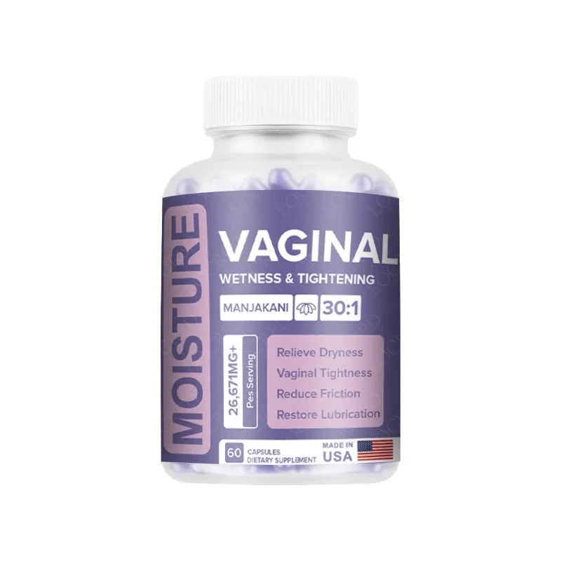 Bottle of 60 vaginal health capsules with plant extraction formula for adult women