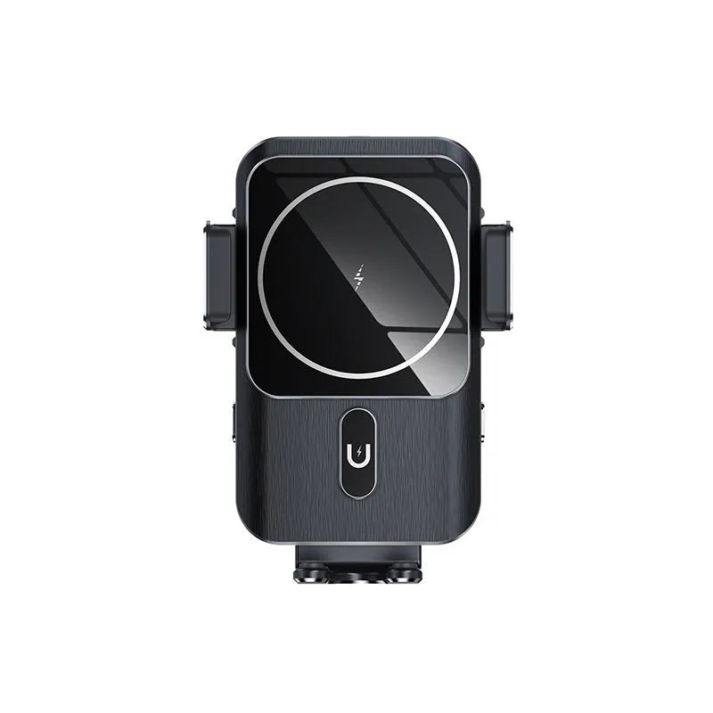 Black car wireless phone charger and holder with 15W fast charging, showing clip and suction cup mounting options.