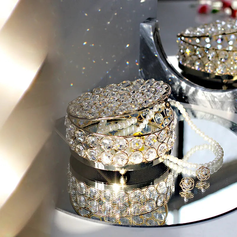 French gold metal jewelry box with transparent crystal glass lid for visible storage