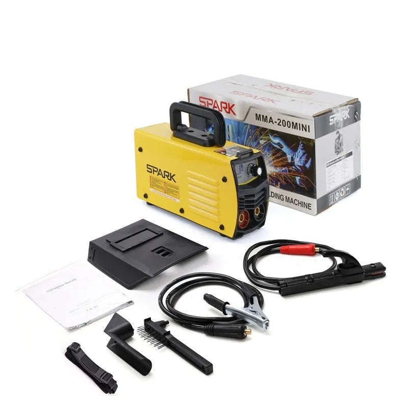 MMA-200MIN household DC welding machine with welding tongs, grounding clamp, face shield, and brush hanger accessories