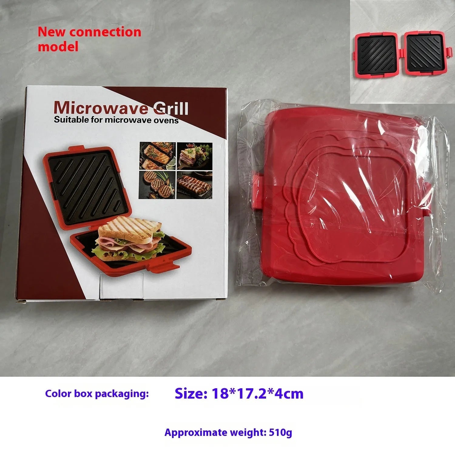 Red silicone baking tray with matching oven gloves set on kitchen counter