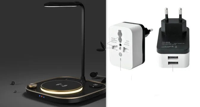 Black 15W wireless magnetic charging dock with integrated USB Type-C cable on a desk.
