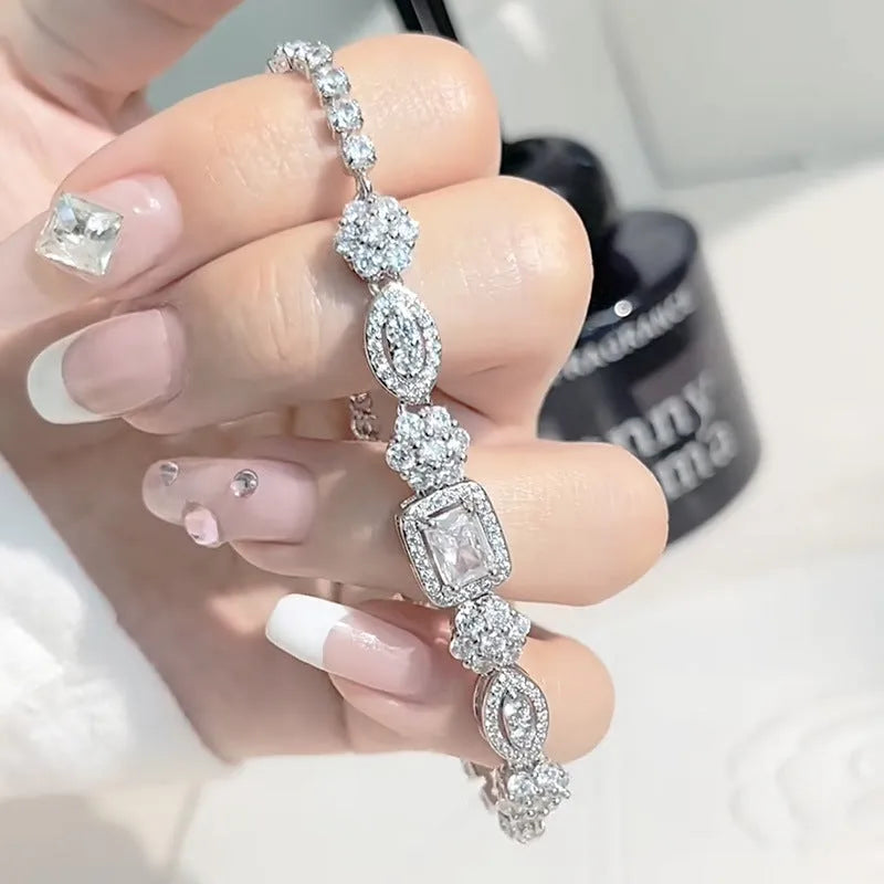 Women's geometric diamond bracelet with sterling silver and white gold plating