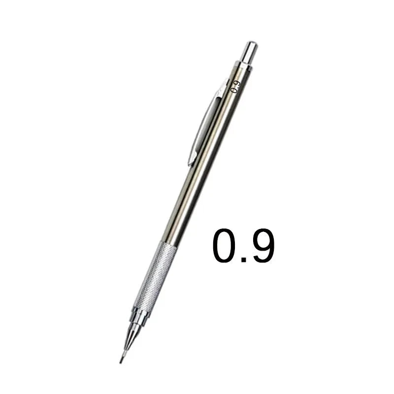 Metal mechanical pencil with automatic lead advancement mechanism and multiple lead size compatibility