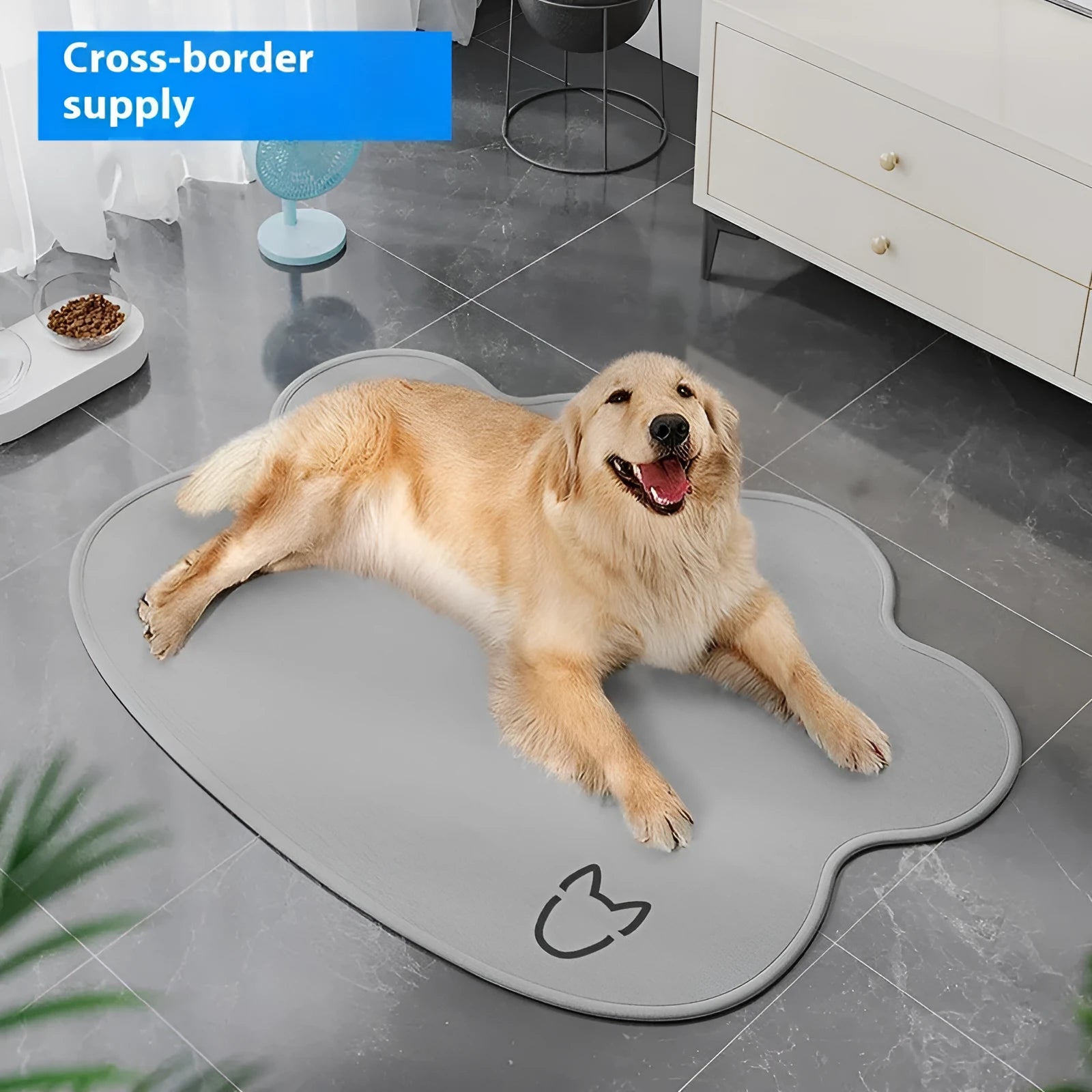 Ice silk dog cooling mat with simple dog head shape print, shown in a light grey colour on a wooden floor.