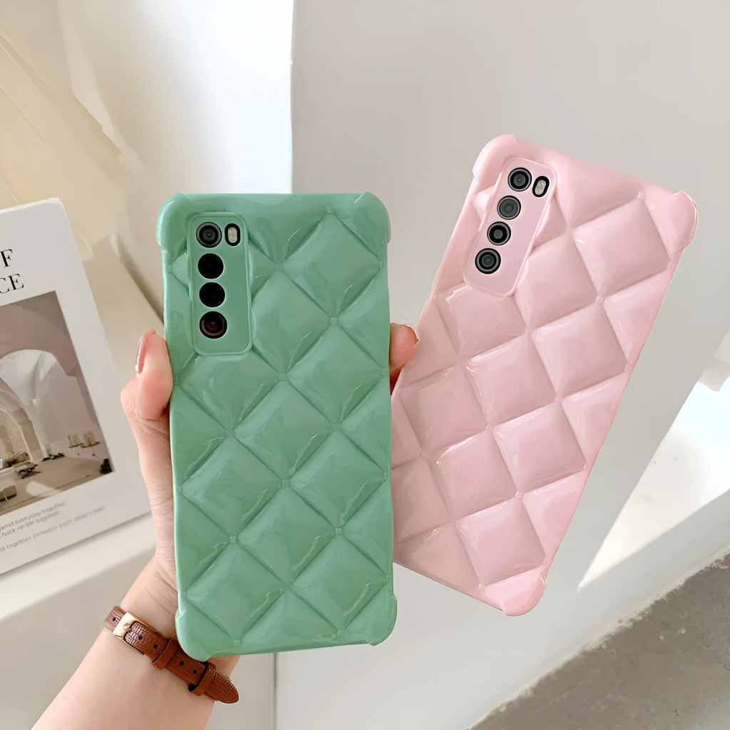 Huawei silicone phone case with diamond cell pattern in black, green, pink, or white colours