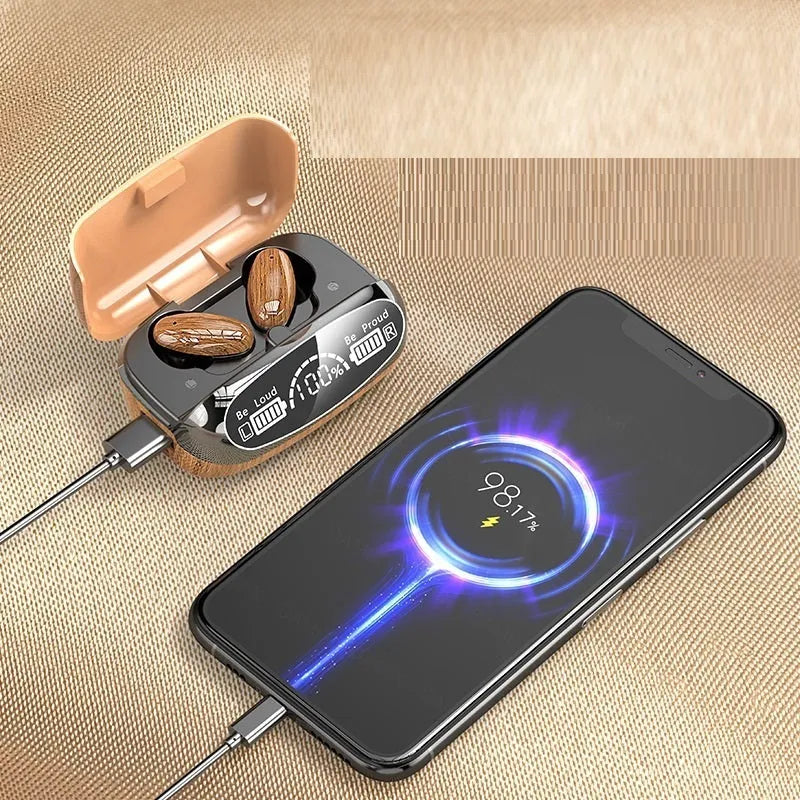 M35 wood grain wireless Bluetooth earbuds with charging case on a neutral background