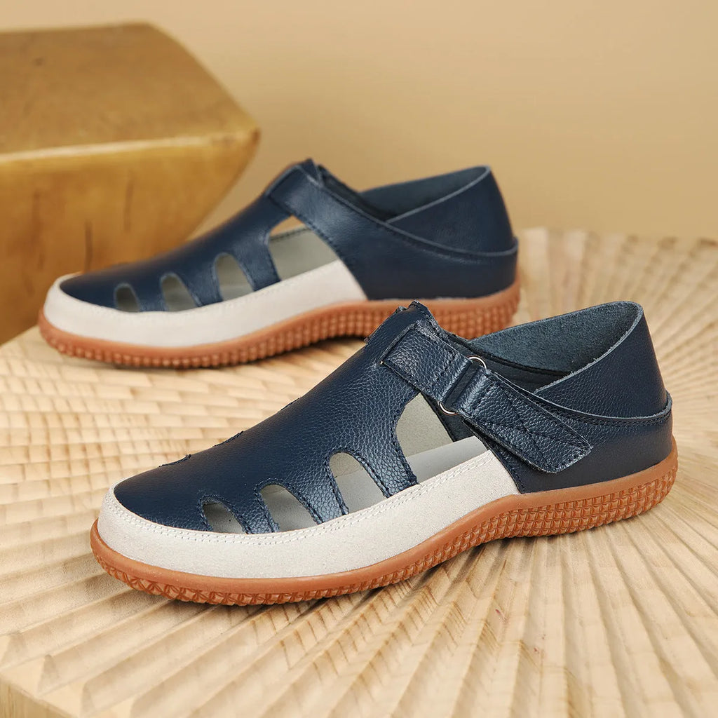 Women's plus size flat sandals with hollow breathable design and toe cap in blue colour
