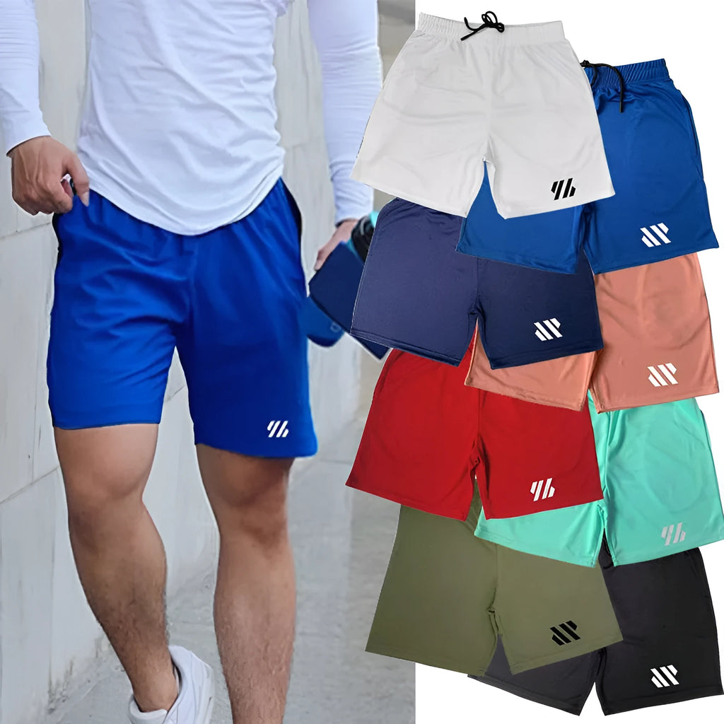 Metal silk fabric sports shorts in loose running style on a hanger, shown in army green colour.