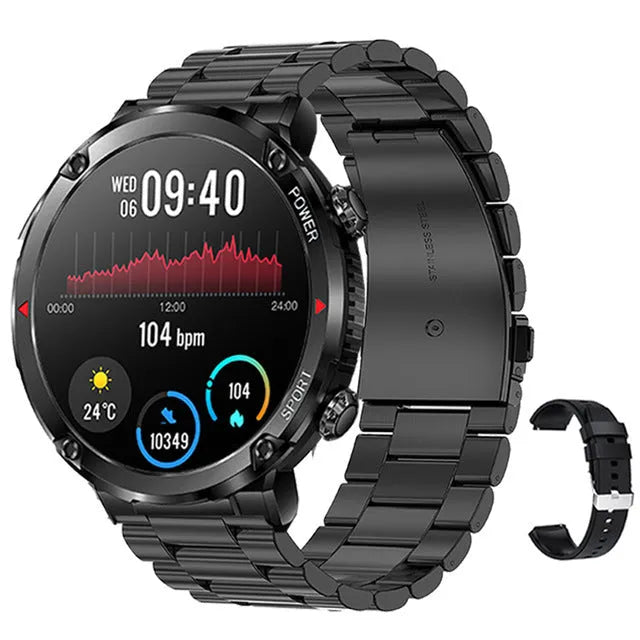 T30 Smart Watch with black dial on a silicone strap showing Bluetooth calling and health metrics on its screen.