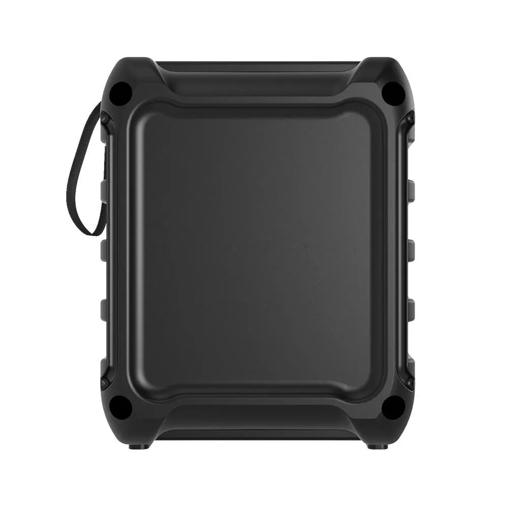 Compact portable Bluetooth speaker in neutral colour with USB charging cable.
