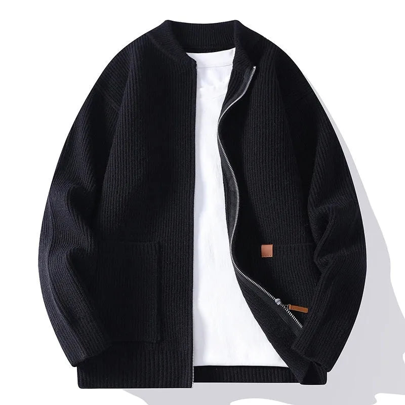 Men's striped sweater cardigan in Vinylon blend fabric available in five colours with straight cut design