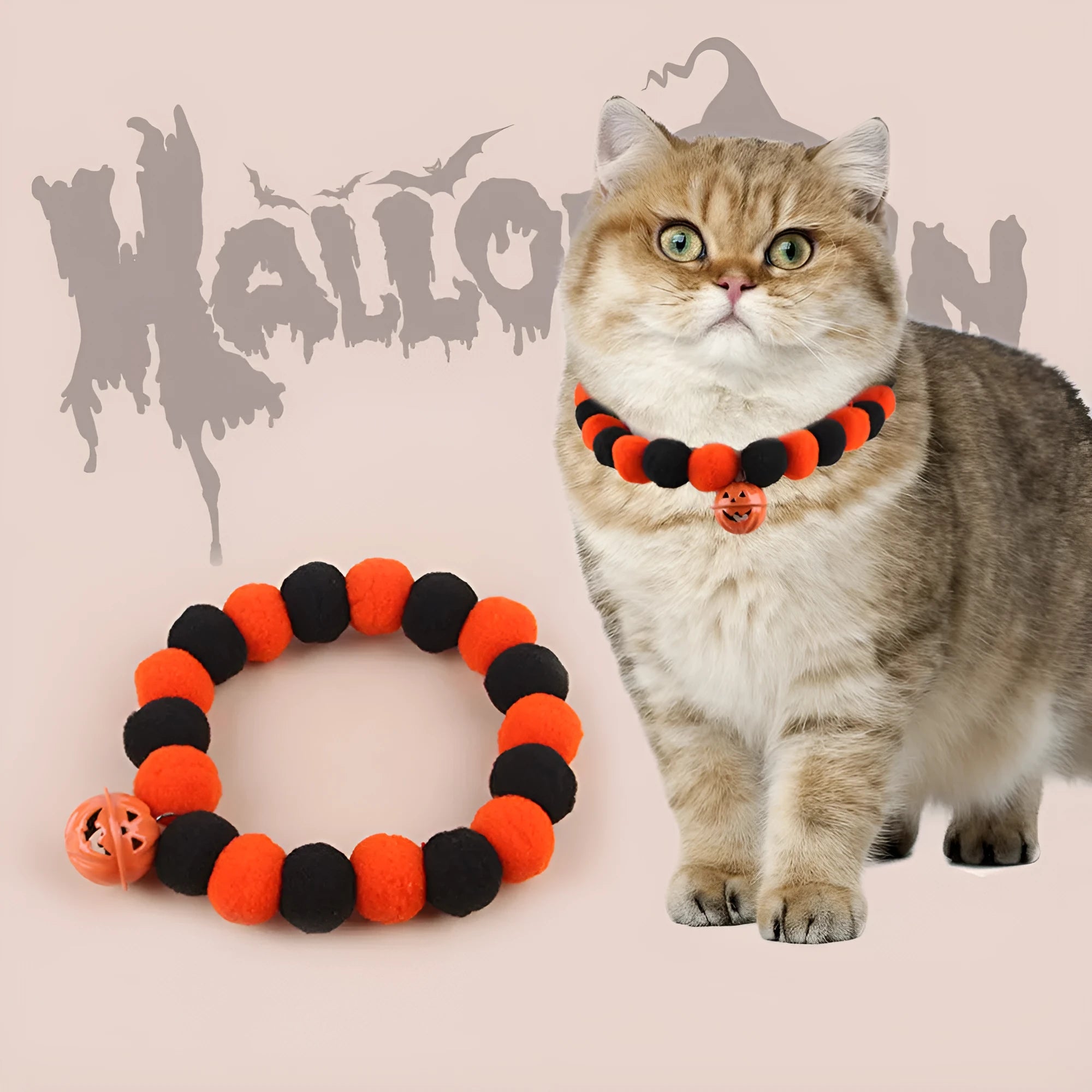 Halloween cat collar with orange pumpkin decoration and plastic buckle closure