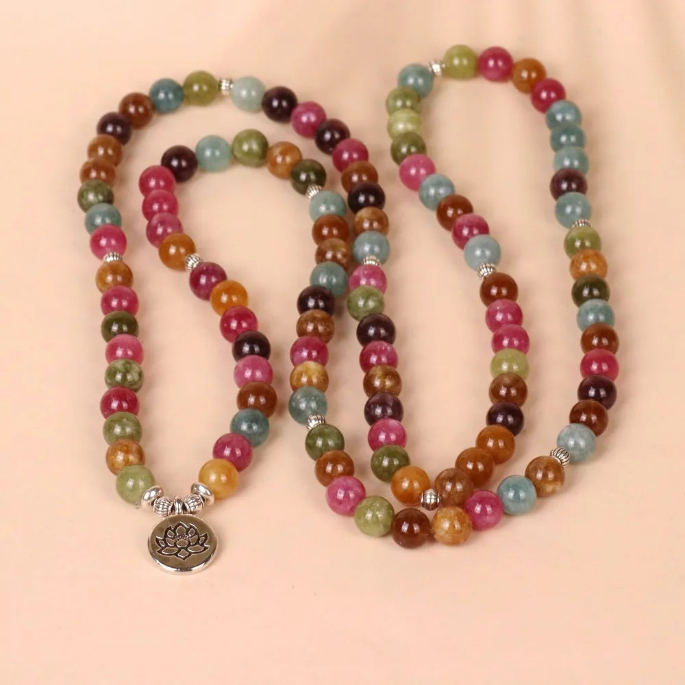 Tourmaline-coloured alloy bracelet with 108 beads and a hanging lotus charm