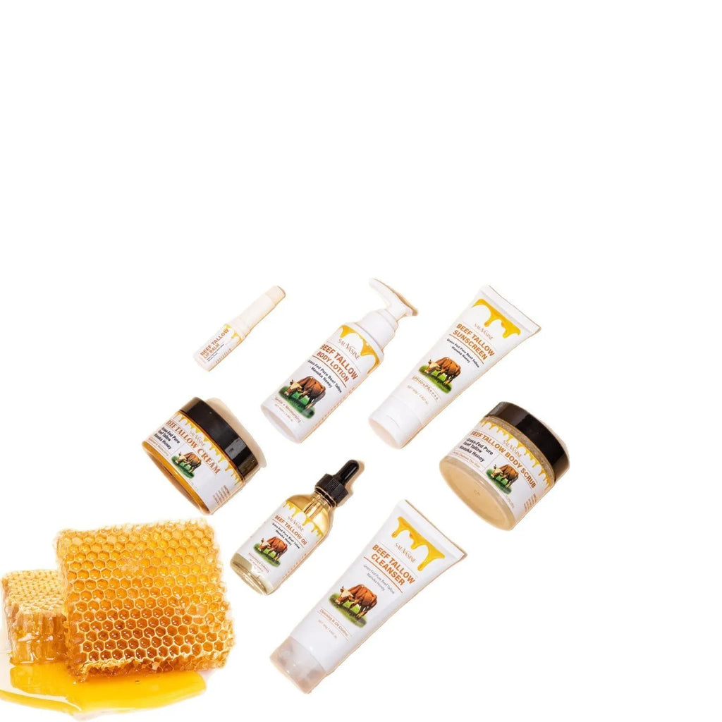 Seven-piece skincare set with bottles and tubes for facial cleanser, cream, body lotion, scrub, lipstick, and protective cream.