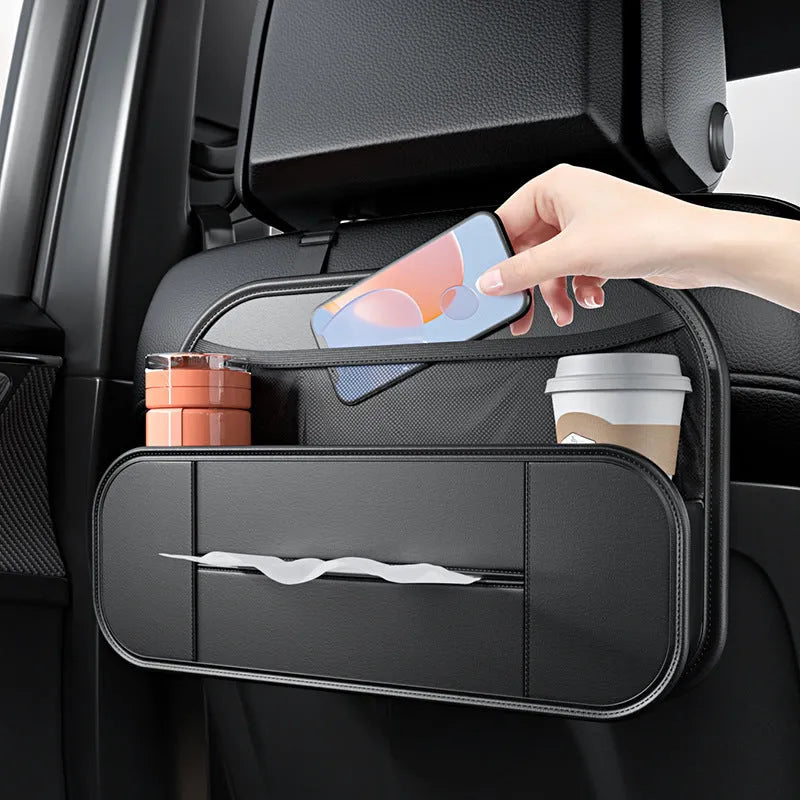 Black leather car seat back storage bag showing dimensions and customisable compartments