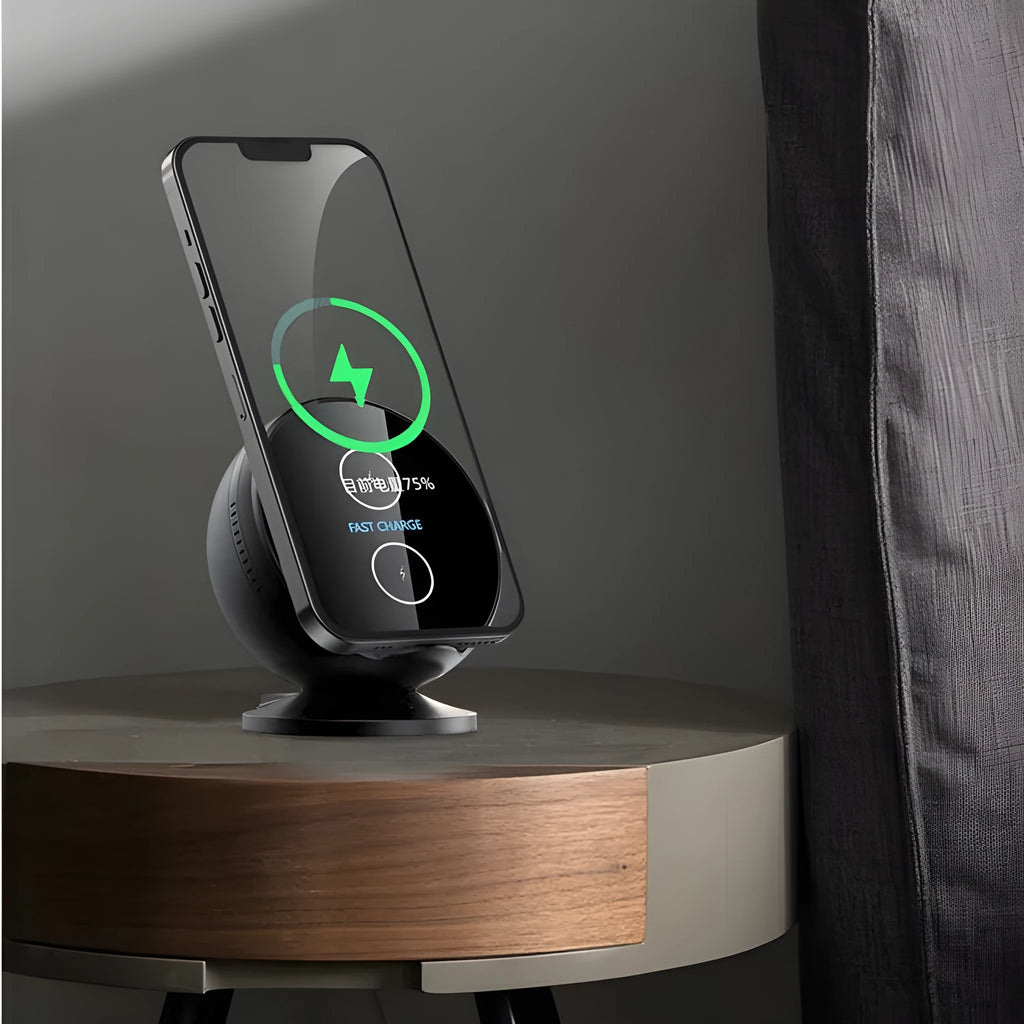 XC-11 wireless charging stand with integrated Bluetooth speaker and phone holder in black, blue, pink, or white.