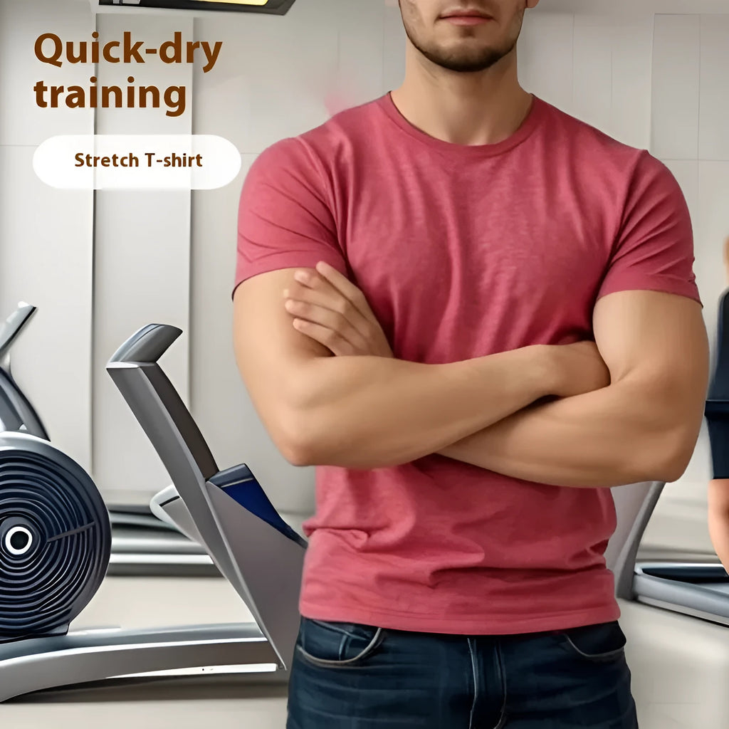 Men's grey quick-dry stretch casual short sleeve t-shirt on a hanger.