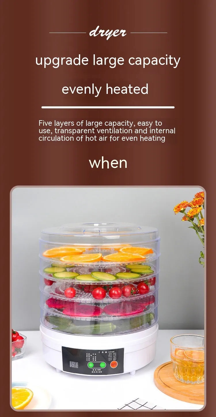 White five-layer food dehydrator with stackable mesh trays on a kitchen countertop.