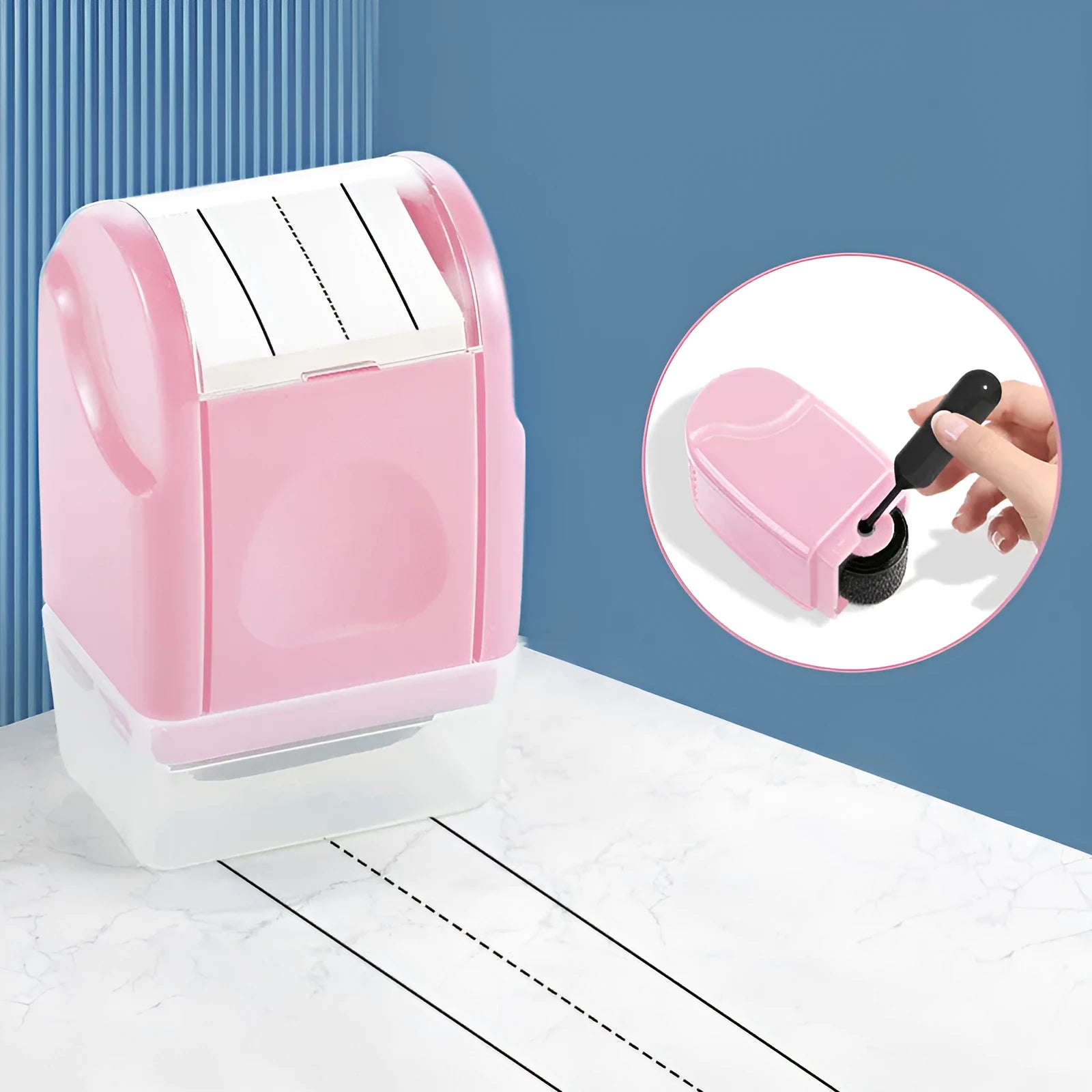 A plastic rectangle roller stamp for teaching, showing English line patterns in one of seven colours.