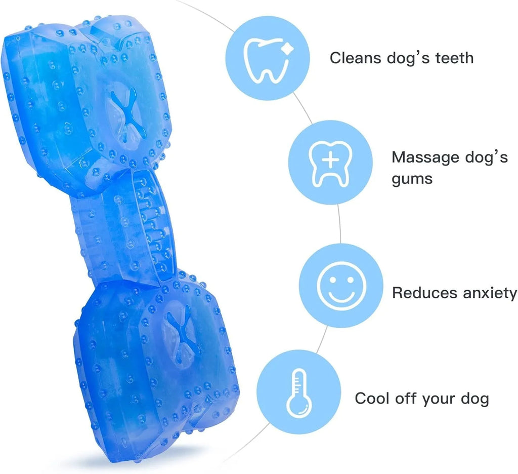 Freezable dog chew toy in bone and circle shapes for cooling and teething relief.