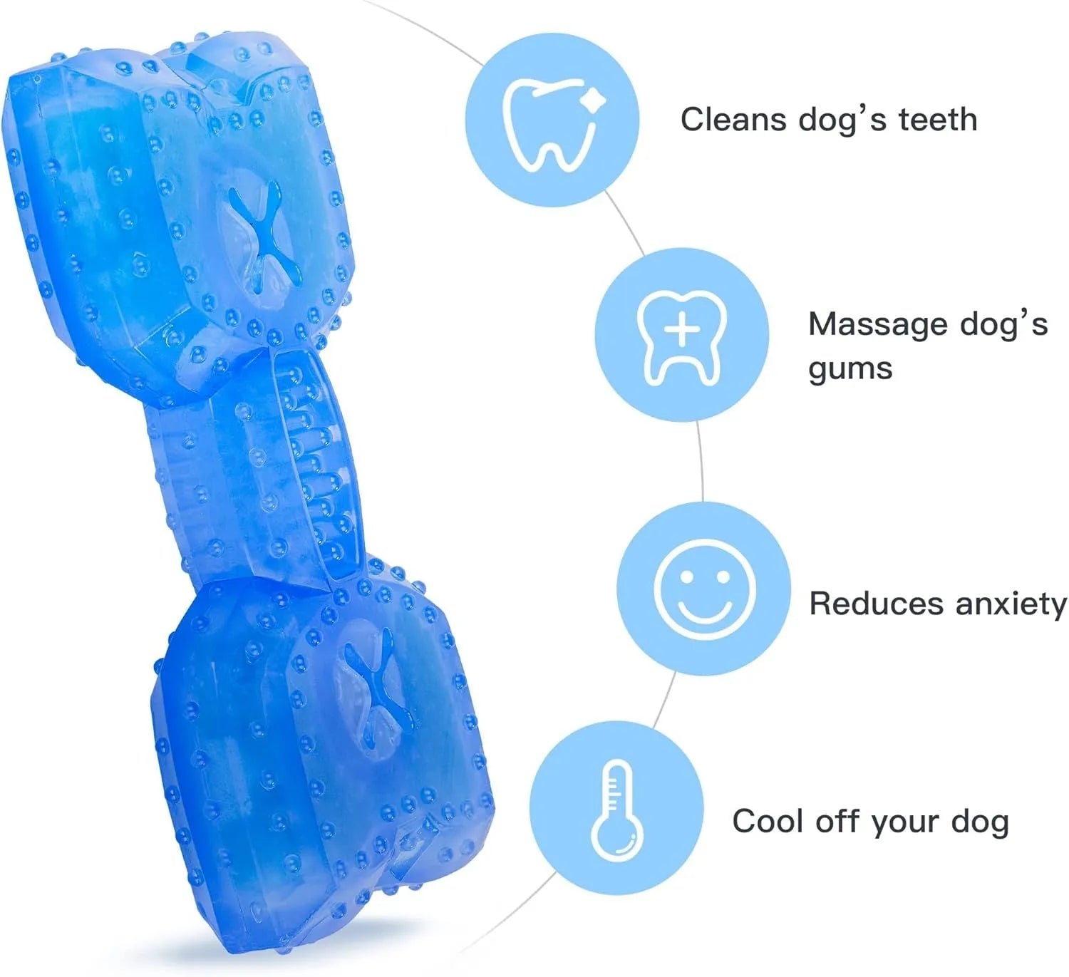 Freezable dog chew toy in bone and circle shapes for cooling and teething relief.