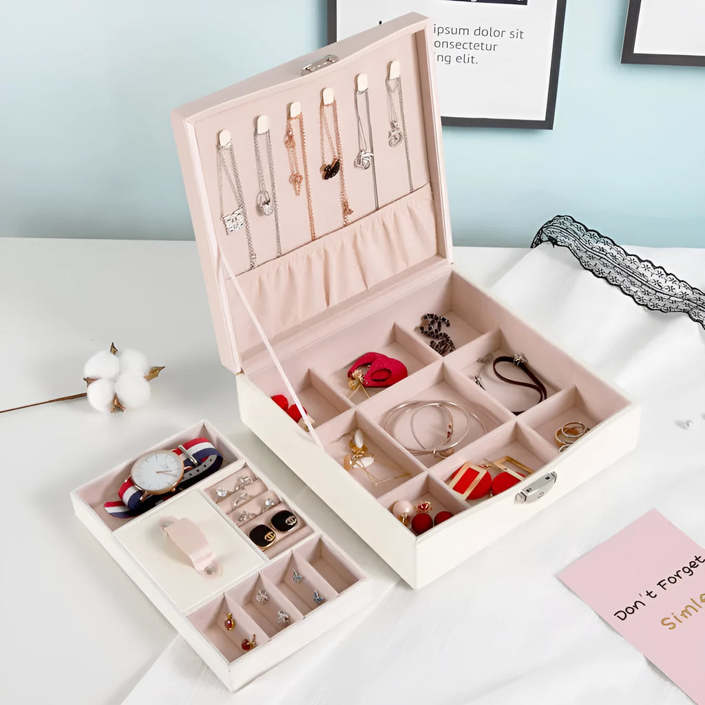 Red and white PU jewellery storage box for necklaces and rings with large capacity