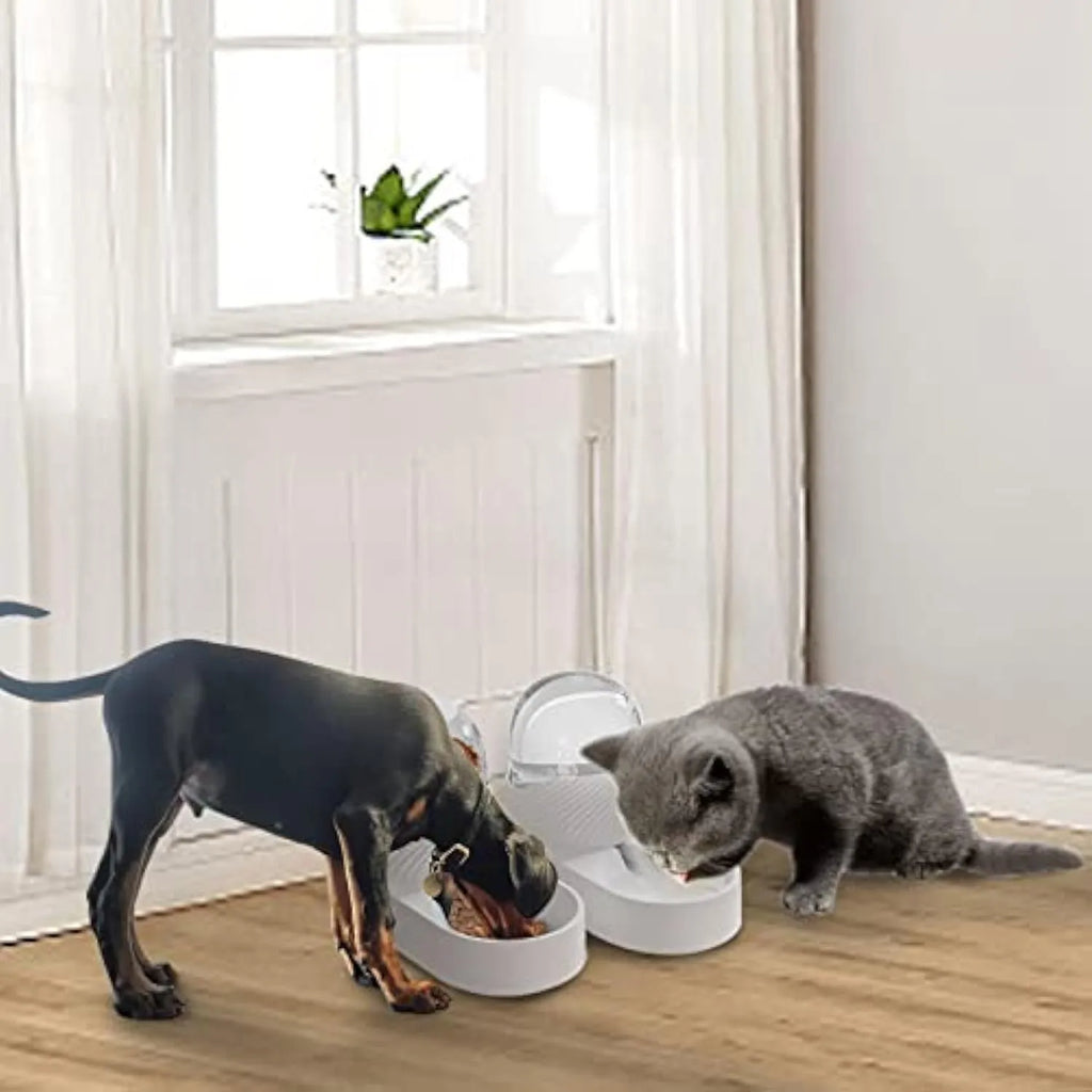 White automatic gravity cat feeder and water dispenser set with wave design shell.