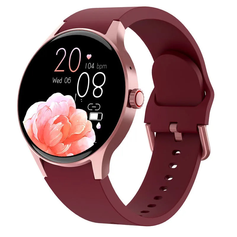 Black smart Bluetooth sport watch with round screen on a wrist, showing fitness stats.