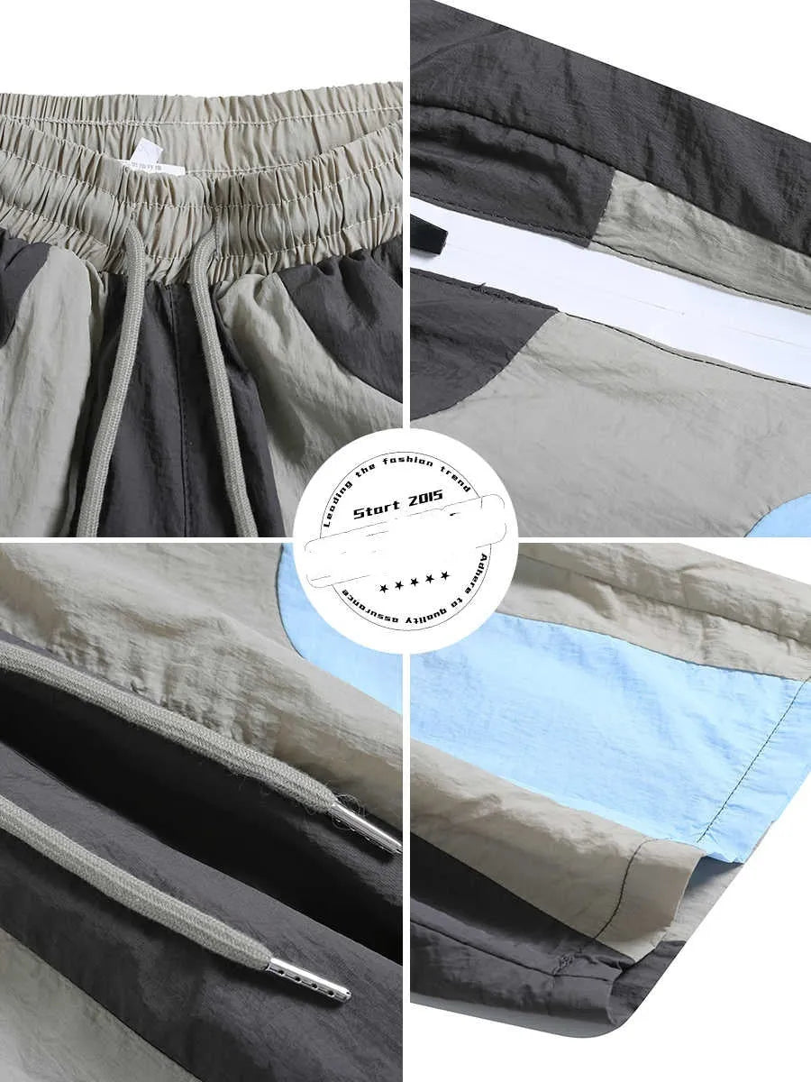 Blue patchwork men's beach shorts with elastic waist and above-knee length for outdoor sports