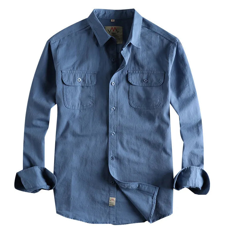 Men's retro style cotton cardigan shirt in light blue solid colour with long sleeves