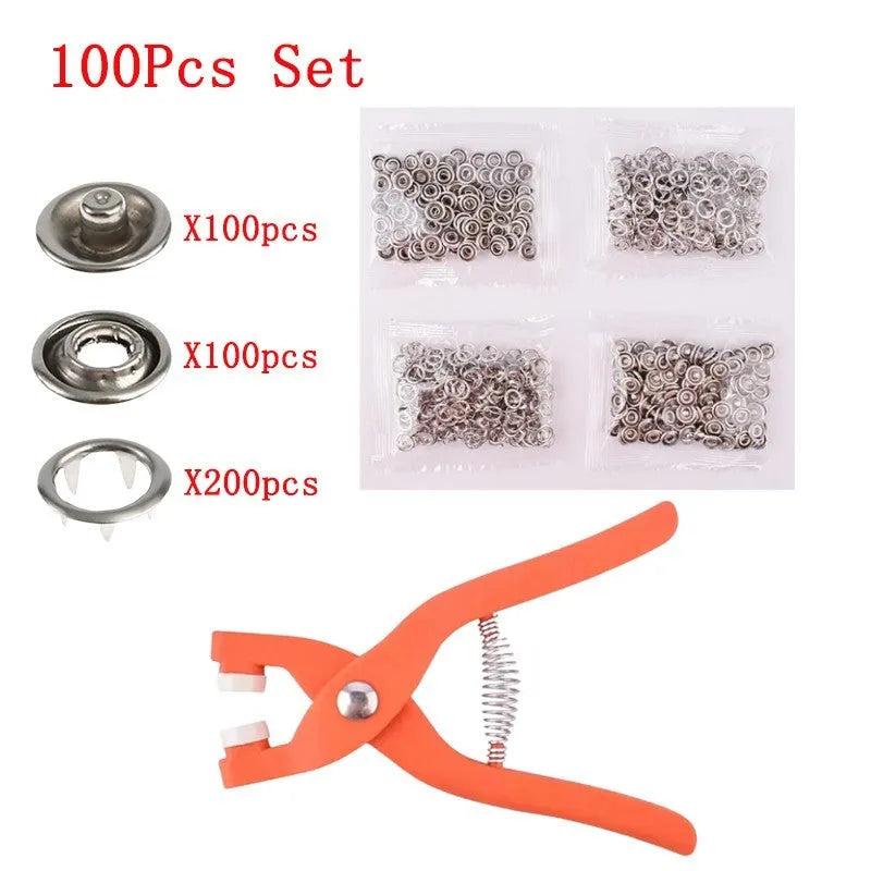 Stainless steel five claw no-sew suit buttons and application pliers for children's clothing.