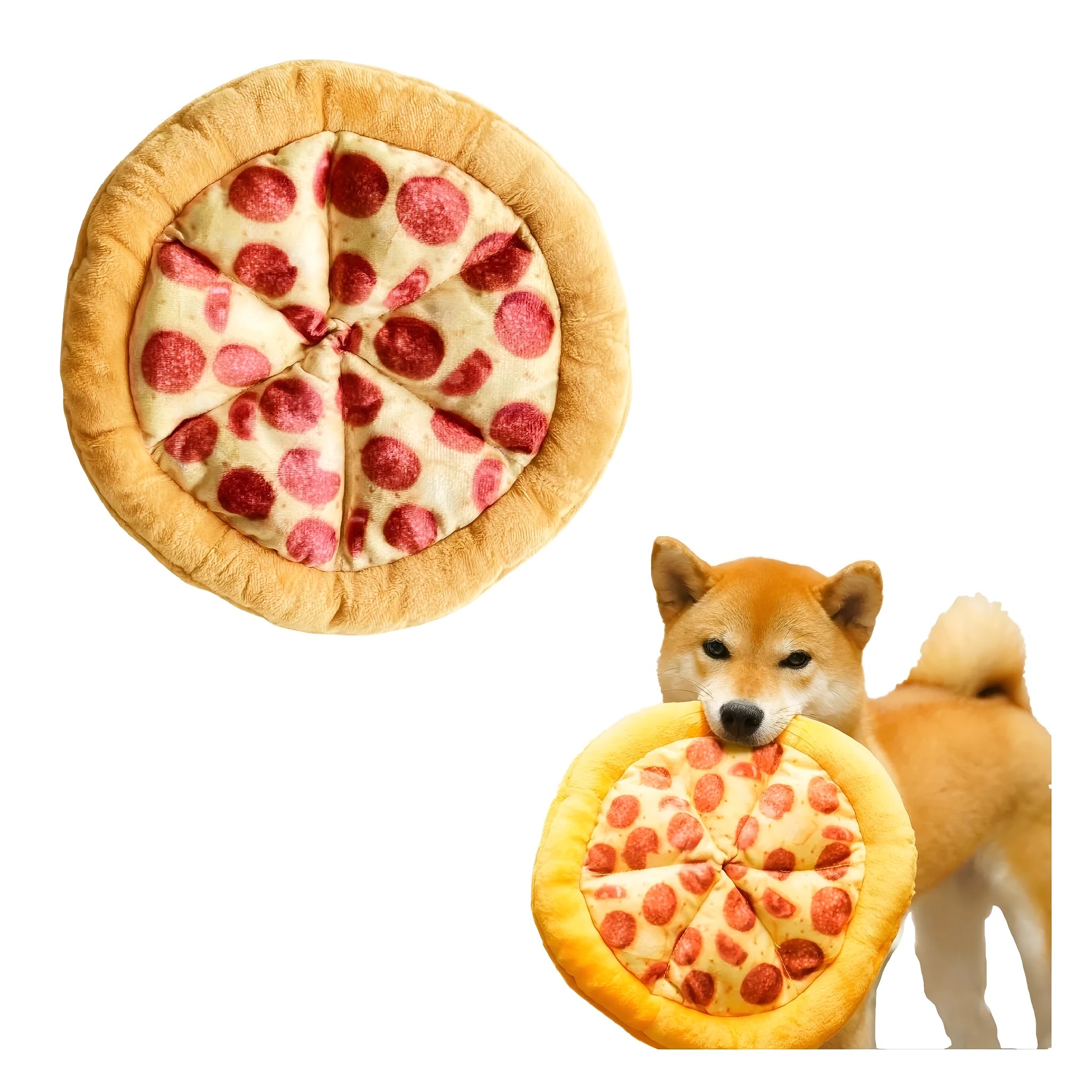 Yellow pizza slice shaped soft plush dog chew toy with squeaker on a white background.