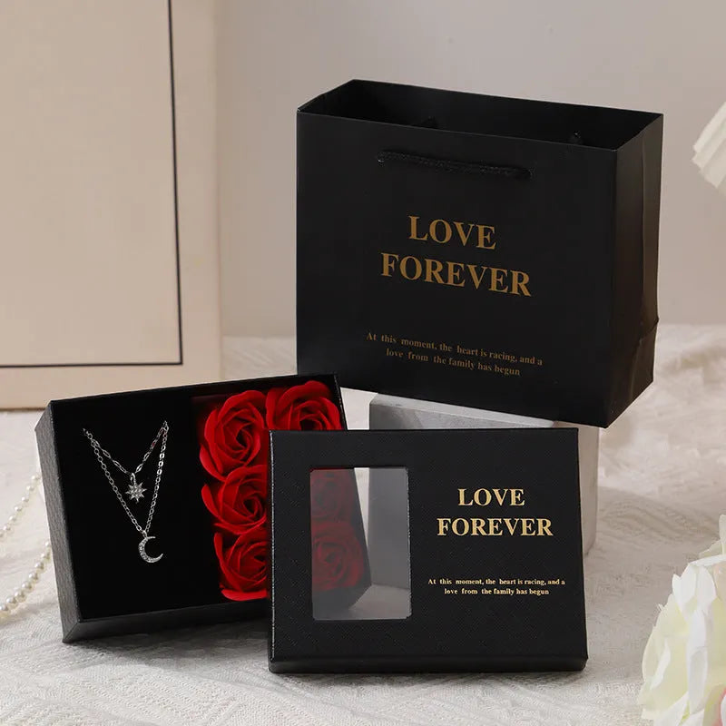 Soap flower gift set with six roses in a red Korean-style box, includes a handbag.