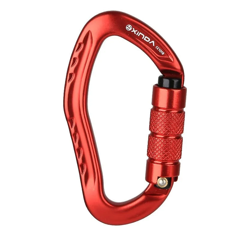Automatic master lock climbing carabiner in black, blue, orange, red, and silver colours.