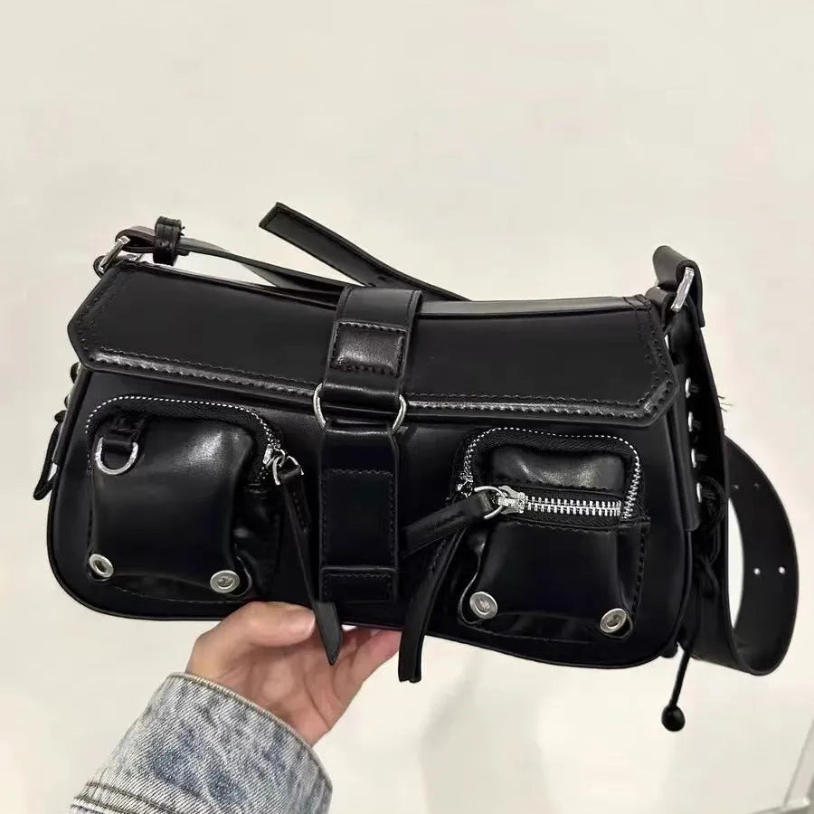 Black structured PU women's baguette messenger bag with crossbody strap.