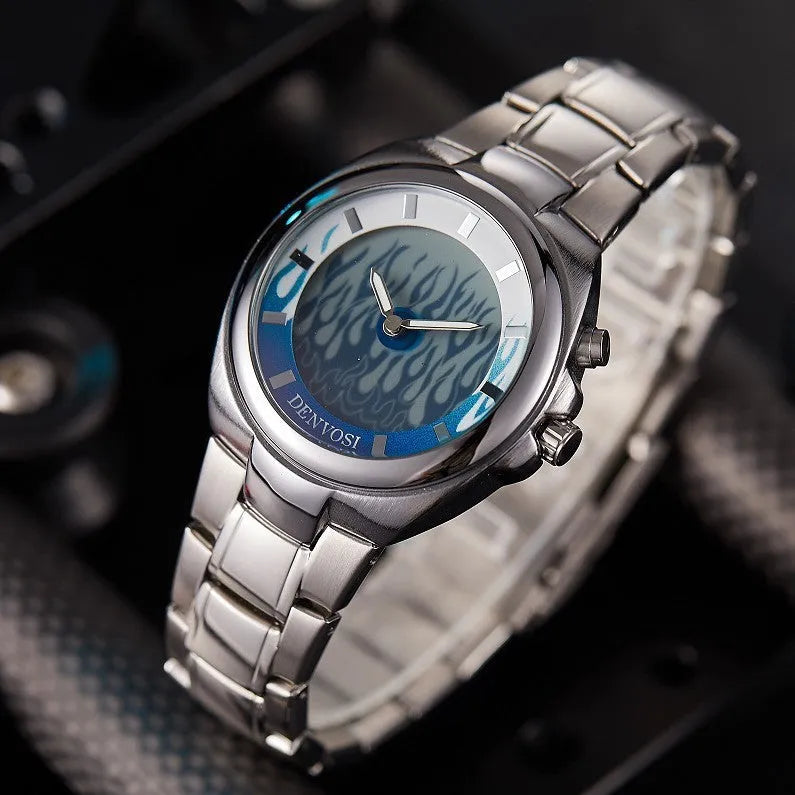 Y2K style men's digital watch with dual display and red face on alloy strap